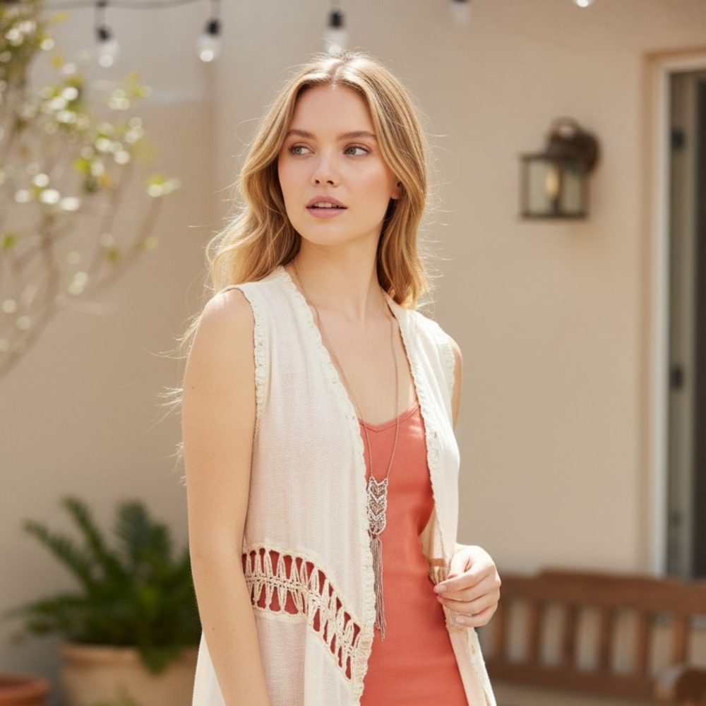 NEW•Zen Bohemian•Boho Chic Cream Fringe Crochet Detail Vest - Picture 3 of 5